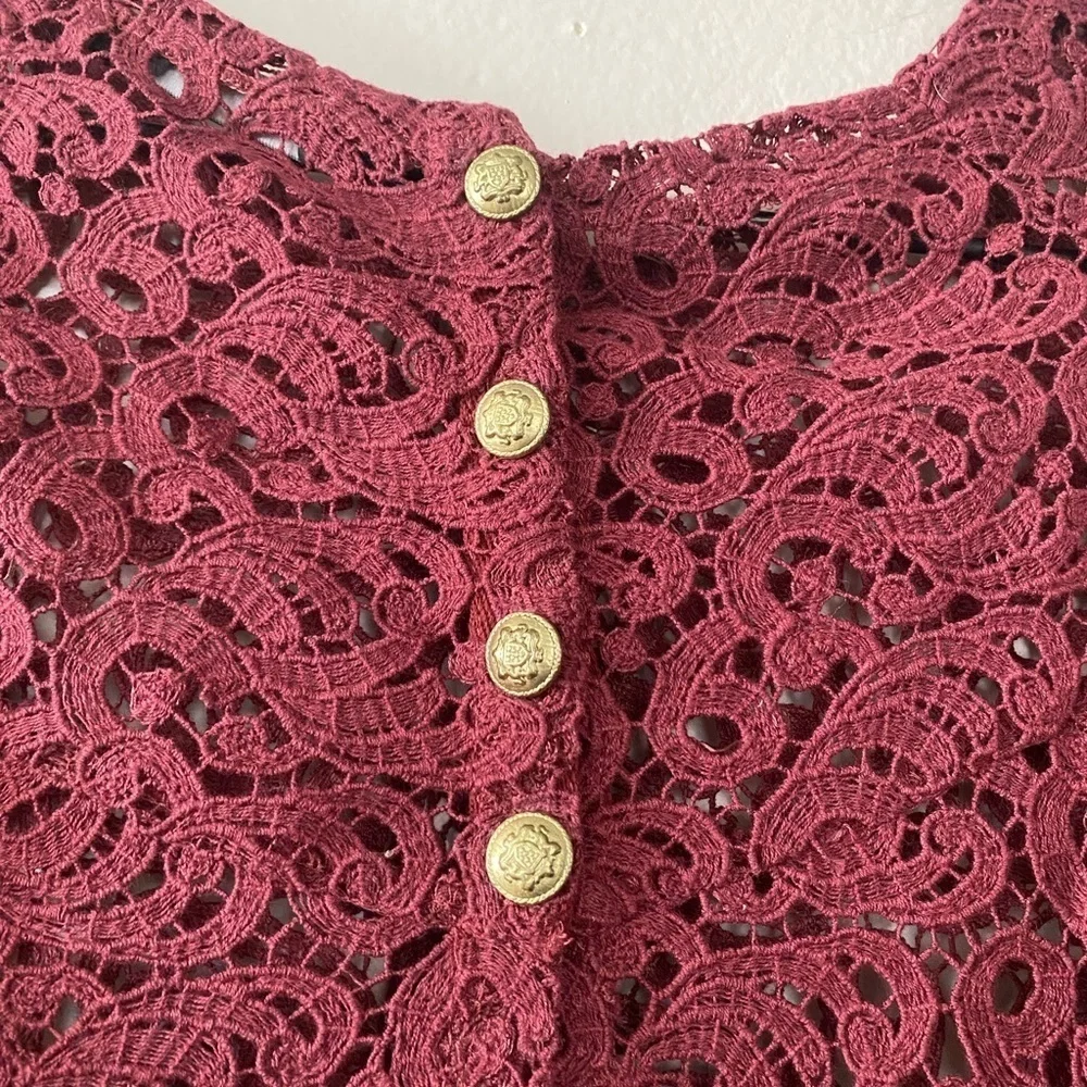 Zara Crochet Lace Eyelet Blouse See Through Maroon Top Women’s Size XS